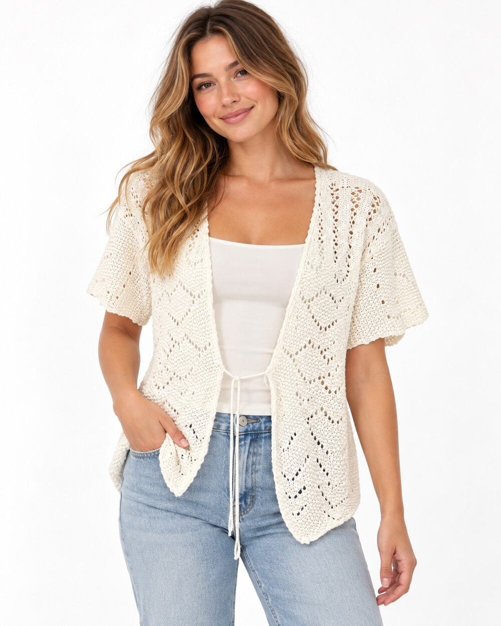 Altar’d State Ivory Crochet Open Front Tie Cardigan Size XL